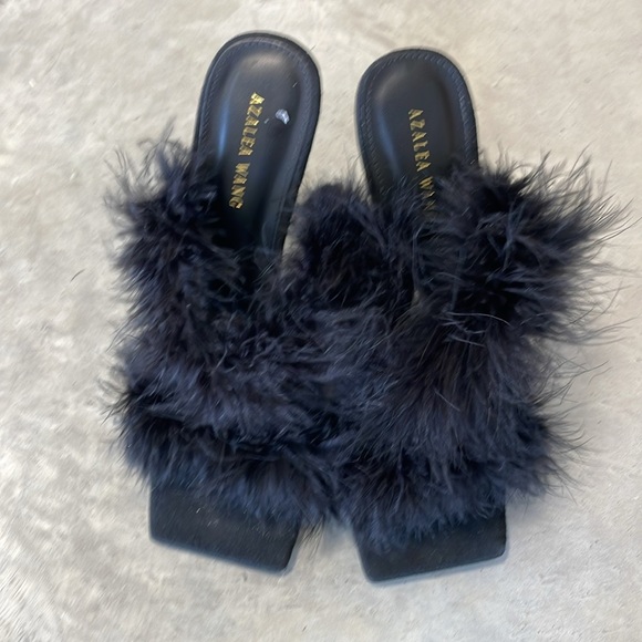 Azalea Wang feather boa Elegant Black Feathered Stiletto Heels size 8 Stripper - Picture 2 of 7